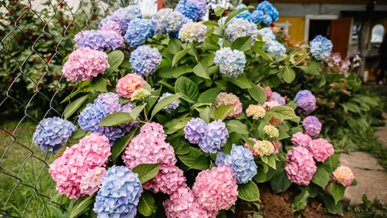 Colorful hydrangea shrubs blooming in hues of blue, pink, and purple, partially enclosed by a wire fence, with a rustic building in the background.