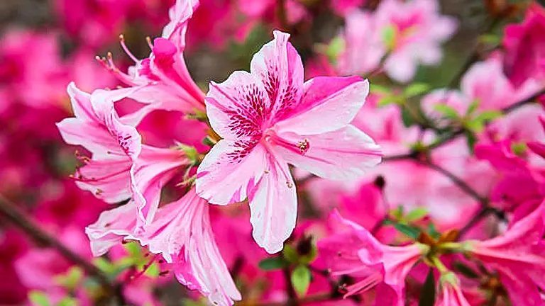 Pink azalea flowers with prominent red speckling and streaks on the petals, surrounded by a backdrop of green leaves.