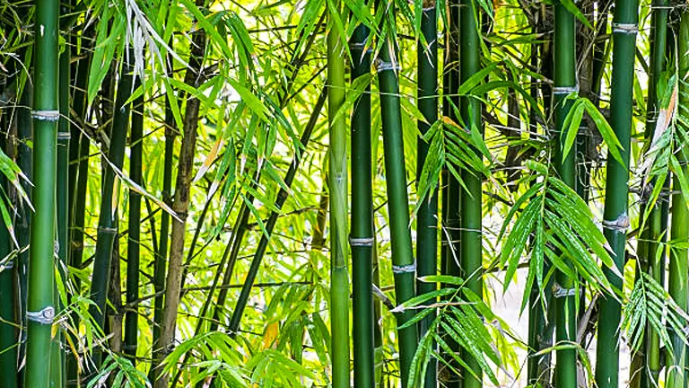 A dense cluster of green bamboo stalks with slender leaves, creating a vibrant and textured natural pattern.

