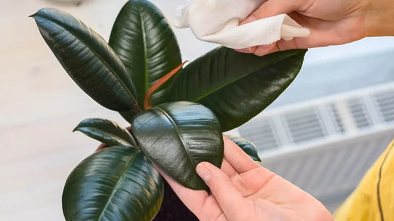 A person's hands cleaning the broad, shiny leaves of a rubber plant with a white cloth