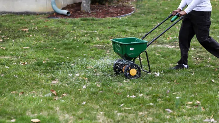 Person using a green broadcast spreader to apply fertilizer on a lawn with patchy grass and scattered leaves, indicating lawn maintenance work.