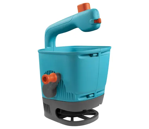 A compact, handheld, blue garden spreader with an orange adjustable dial, designed for distributing lawn care products like seeds and fertilizers.