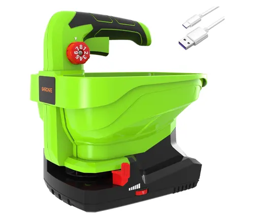 A vibrant green and black battery-operated broadcast spreader with an adjustable red dial and a USB cable for charging.