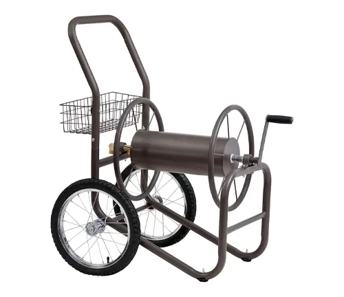 Metal garden hose reel cart with large wheels, crank handle, and a storage basket on the back.