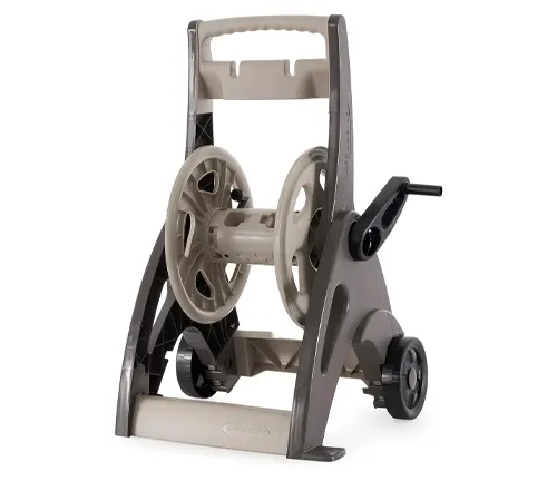 Compact portable hose reel cart in beige and black with a manual crank and integrated hose guide.