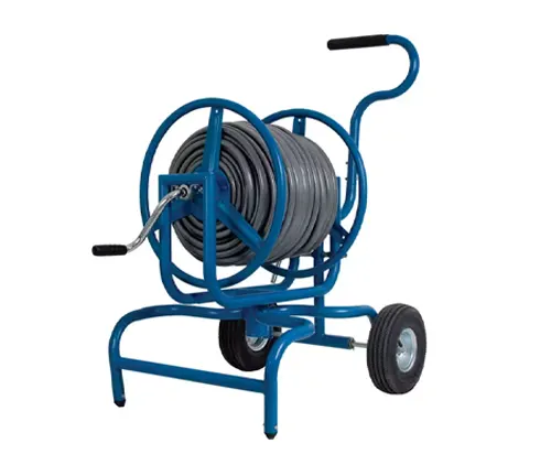 Blue garden hose reel cart with large wheels and a crank handle, loaded with a gray hose.
