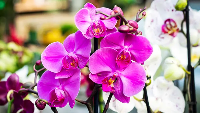 Close-up of vibrant purple Phalaenopsis orchids with a blurred background of assorted orchids.
