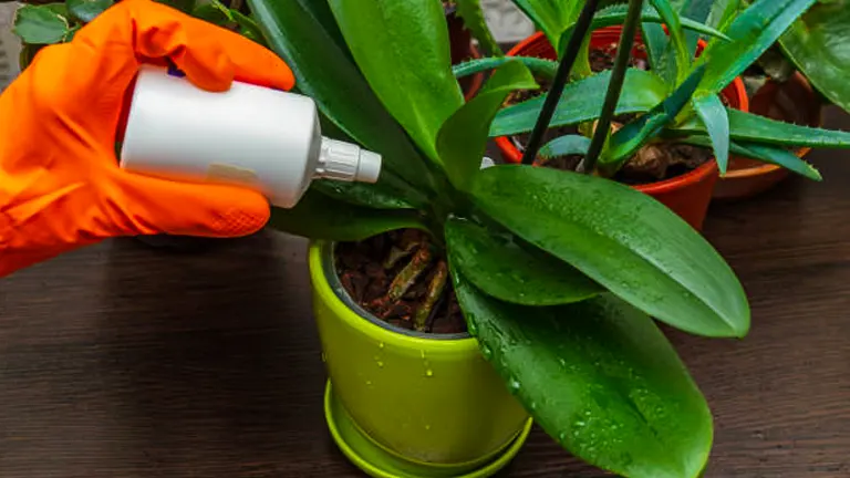 A hand in an orange glove applying liquid from a white spray bottle to the green leaves of an orchid in a lime green pot, with other potted plants nearby.