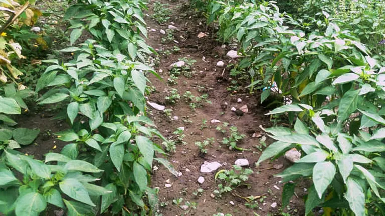 Pathway running through a garden with lush green bell pepper plants on either side, the soil dotted with small rocks.