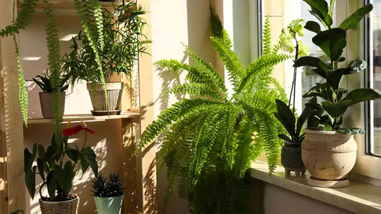 Indoor plants on a wooden shelf and windowsill bathed in sunlight, including ferns, a flowering anthurium, and various foliage plants.