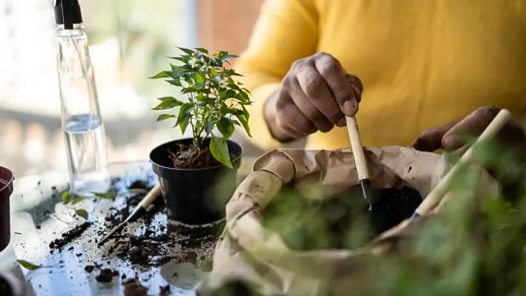A person in a yellow sweater is potting a small plant, with gardening tools and a spray bottle nearby, engaging in indoor plant care activities.

