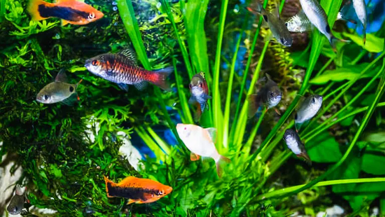 A lively freshwater aquarium filled with colorful fish, including orange and silver guppies, swimming among vibrant green aquatic plants.
