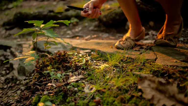 A person in hiking boots is crouching down with a knife in hand, near a young plant in a forest, possibly foraging or examining the plant. The sunlight filters through the trees, highlighting the greenery on the forest floor.
