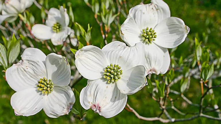 Close-up of white dogwood flowers with a backdrop of green leaves, highlighting the distinctive petal shape and the flower’s intricate center.
