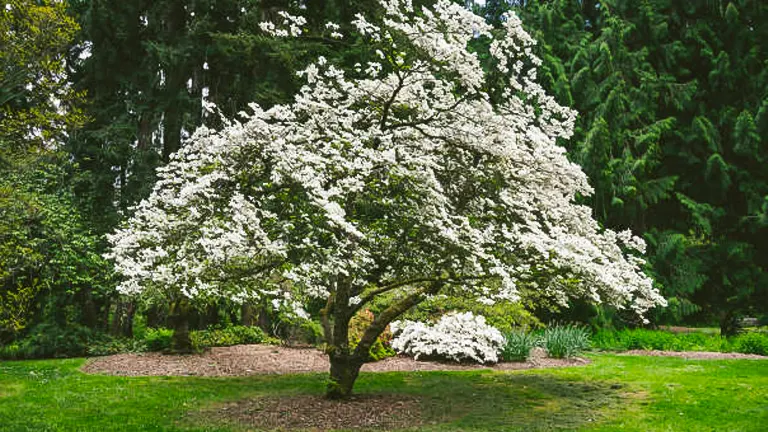 A mature dogwood tree in full bloom, with a profusion of white blossoms, standing in a tranquil garden with a backdrop of dense evergreen trees.


