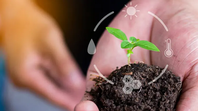 A person's hands gently cradling a clump of soil with a young seedling sprouting, with icons symbolizing water (drop), sun (light), and temperature (thermometer), along with the letters N, P, and K representing essential nutrients for plant growth.