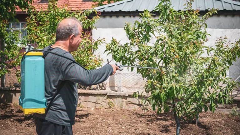 A man with a backpack sprayer tending to a peach tree in a sunny backyard garden.