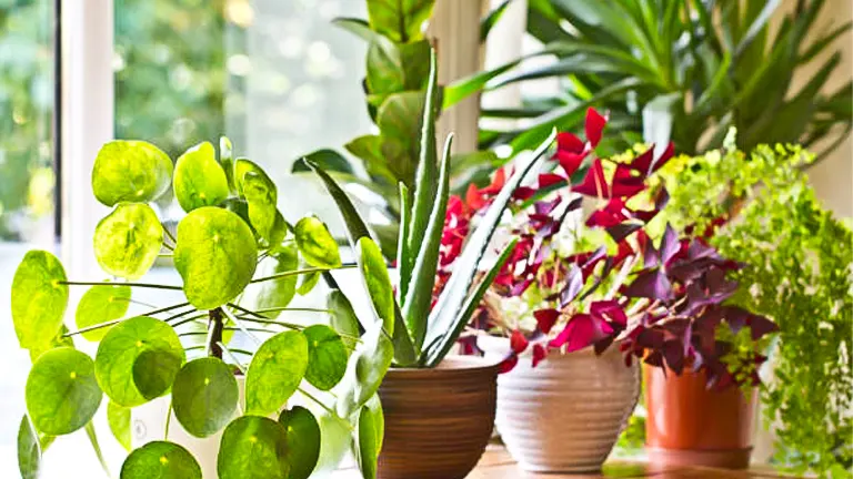 A vibrant collection of houseplants on a wooden windowsill, including a Chinese money plant, an aloe vera, and a red-leafed oxalis, with sunlight filtering through the foliage.