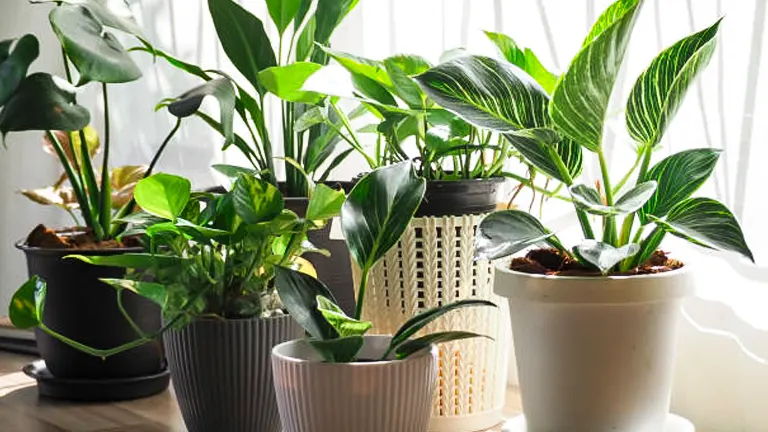 Indoor green plants in various pots basking in sunlight by a window, with sheer curtains casting a patterned shadow.