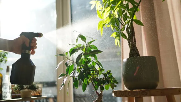 A hand is misting a thriving money tree plant with a spray bottle, enhancing humidity, with sunlight streaming through a window, creating a bright and airy indoor garden atmosphere.
