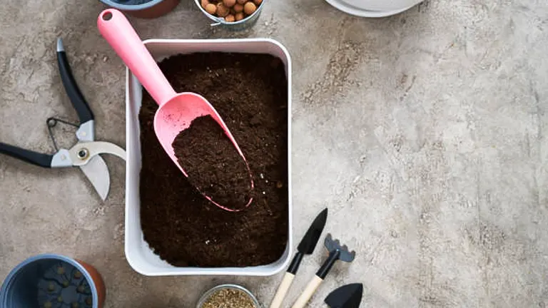 Top view of gardening supplies on a concrete surface, including a container of soil with a pink scoop, pruning shears, and small planting tools, with a hint of green foliage in the corner.
