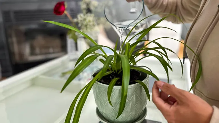Person in a beige sweater pouring water from a small glass pitcher into a green spider plant in a decorative pot on a glass table, with a fireplace and a single red rose in the background.