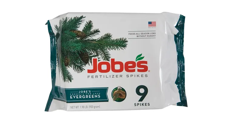 Package of Jobe's Fertilizer Spikes for Evergreens, containing 9 spikes, designed to feed all season long without runoff.