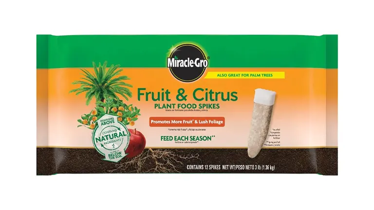 Bag of Miracle-Gro Fruit & Citrus Plant Food Spikes, boasting promotion of more fruit and lush foliage, suitable for feeding palm trees as well, contains 12 spikes.