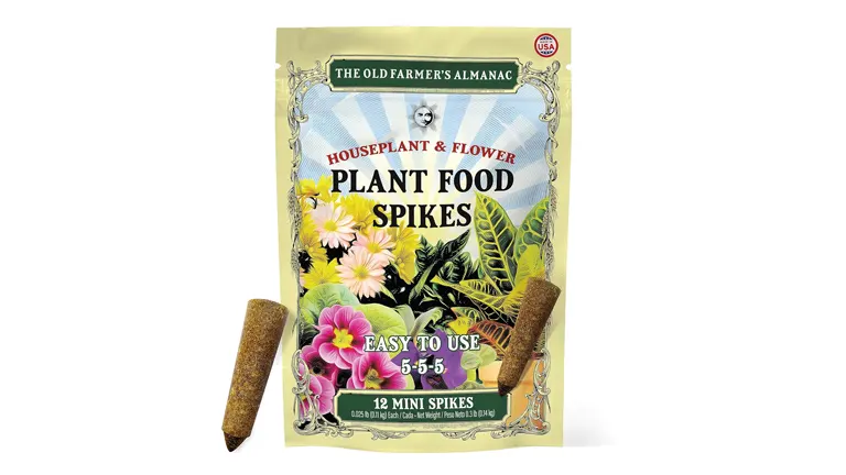 Package of The Old Farmer's Almanac Houseplant & Flower Plant Food Spikes, labeled as 'Easy to Use, 5-5-5,' with 12 mini spikes visible beside the packaging.