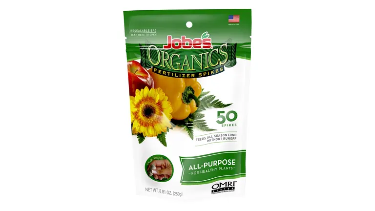 Package of Jobe's Organics Fertilizer Spikes featuring 50 all-purpose spikes for healthy plants, with vibrant flowers on the front and an OMRI listing label.