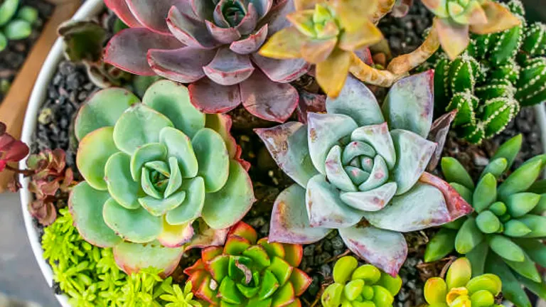 An assortment of colorful succulents with varied textures, including rosette-shaped echeveria, in a communal pot.