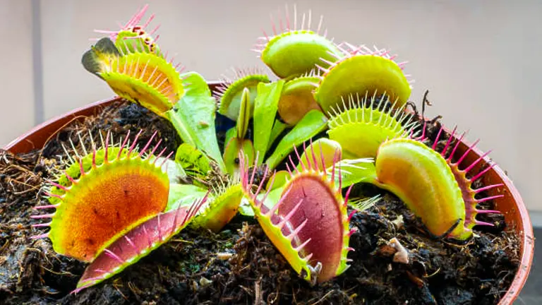 A potted Venus Flytrap plant displaying multiple traps, some open with vibrant green edges and red interiors, and others closed, suggesting recent feeding, all perched in rich, dark soil within a terracotta pot.


