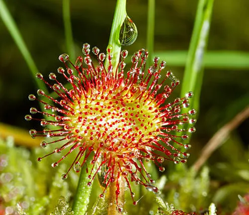 A Sundew plant, characterized by its round, brightly colored leaves covered in sticky, dew-like droplets that glisten in the light, capturing both prey and the attention of onlookers.

