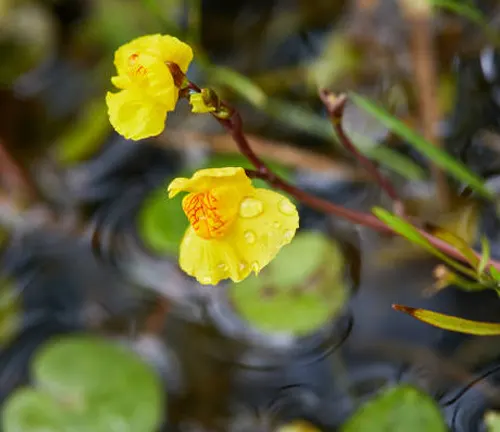 Two yellow flowers of a Bladderwort plant, glistening with water droplets, stand out against a blurred watery background, exemplifying the plant's aquatic habitat.
