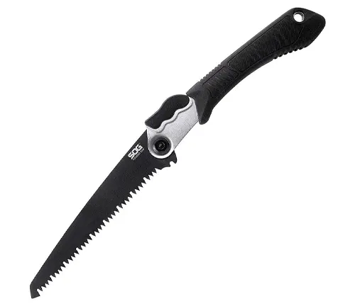 A compact black folding pruning saw with a serrated edge and a locking mechanism, featuring a comfortable grip handle, suitable for precise cutting tasks.