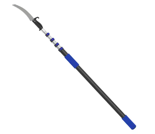 Telescopic pole pruning saw with a curved blade, featuring a long black and blue handle, designed for reaching high branches.