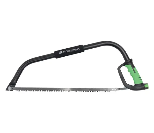 A Hooyman bow saw with a black steel frame and green accents on the handle and tensioning knob, featuring a sharp, serrated blade.