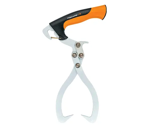Ergonomic log lifting tongs with an orange and black handle and silver curved tips.
