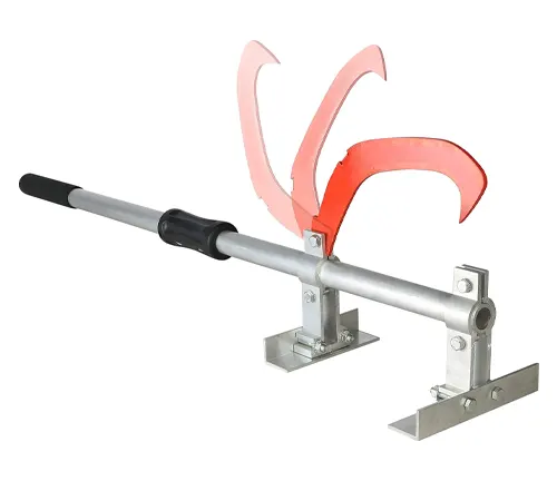 A log lifter with a metallic silver body, black grip, and vibrant red hooks, equipped with a stabilizing base, isolated on a white background.
