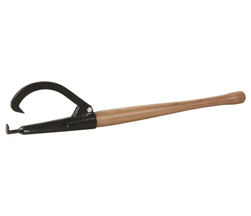 A cant hook featuring a natural wood handle with a black metal hook, designed for rolling and handling logs, isolated on a white background.