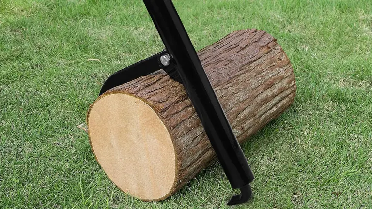 A cant hook with a black steel frame levering up a cut log on grass.
