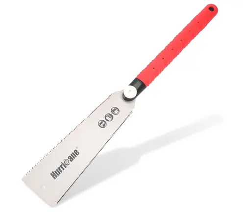 A vibrant Hurricane Japanese pull saw with a bright red handle and a stainless steel blade, the brand name 'Hurricane' prominently displayed on the blade, all set against a white background.