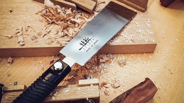  Japanese pull saw with black handle and inscribed kanji text on the blade, positioned on a wooden workbench amidst sawdust, wood shavings, and various cut pieces of wood, indicating active woodworking.