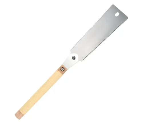 A sleek Japanese pull saw with a natural wooden handle and a sharp, rectangular steel blade, isolated on a white background.
