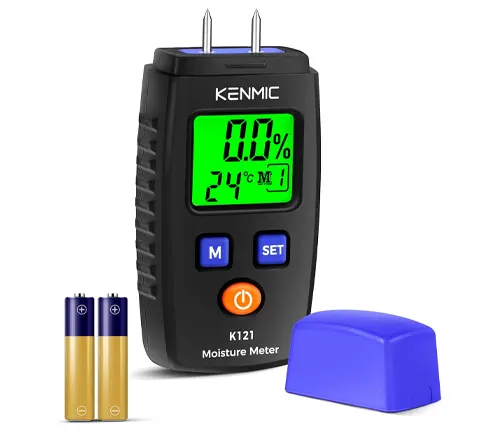 A black KENMIC K121 pin-type moisture meter with a bright green digital display showing 0.0% moisture content, accompanied by two gold-colored batteries and a blue protective cap.