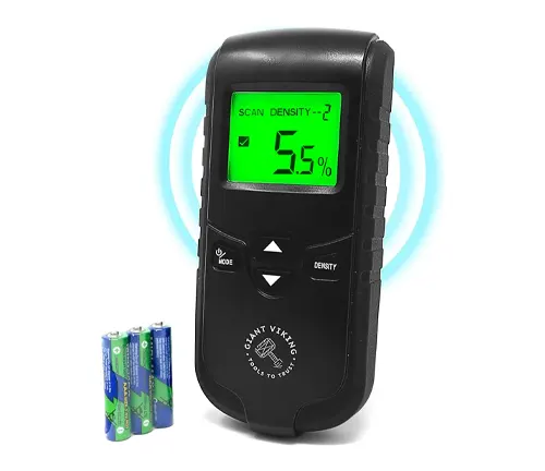 A black Giant Viking pinless moisture meter with a bright green backlight display showing 5.5% moisture content, next to three green AAA batteries, set against a white background with a glowing blue halo effect.
