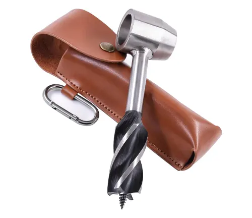 Stainless steel hand auger with a spiral bit and scotch eye design, accompanied by a brown leather sheath and a silver carabiner, against a white background.