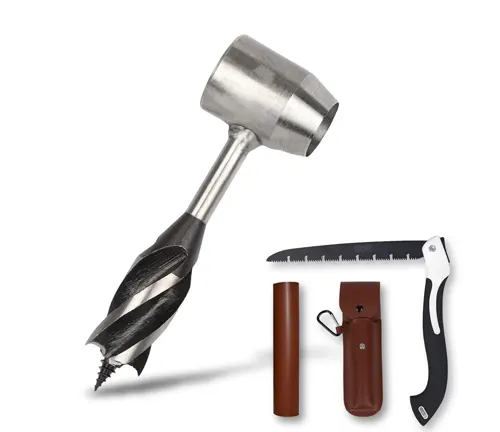 Survival gear set including a stainless steel hand auger, a black folding saw, and cylindrical containers, all displayed on a white background.