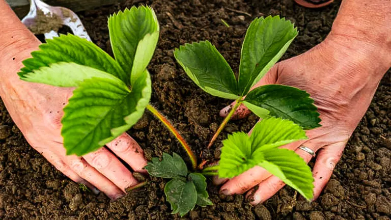 Hands planting a young strawberry plant in fertile soil, carefully spreading the roots.
