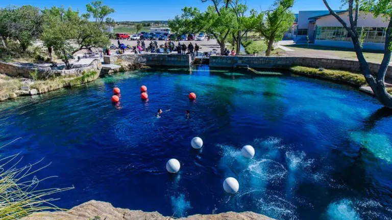People enjoy a clear blue spring-fed pool with diving areas marked by white and red buoys, surrounded by landscaped rock edges and trees, with facilities and a gathering crowd in the background.
